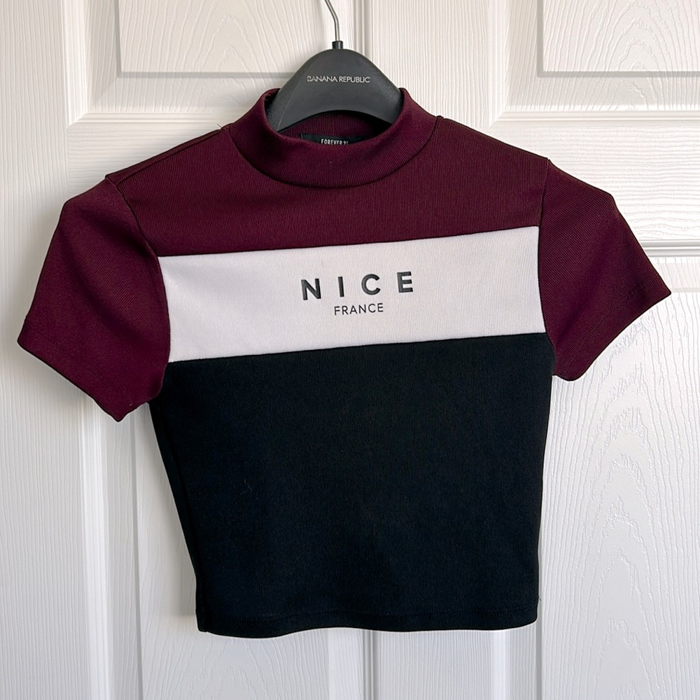 Nice France Colorblock Mock Neck Cropped Tight Short Sleeve Tee